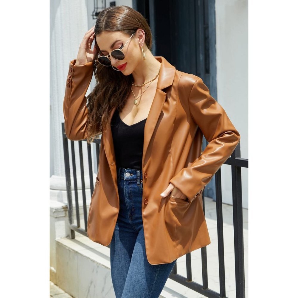 Vegan Leather Blazer Coat Button Front Oversize Jacket - 21002 Brown